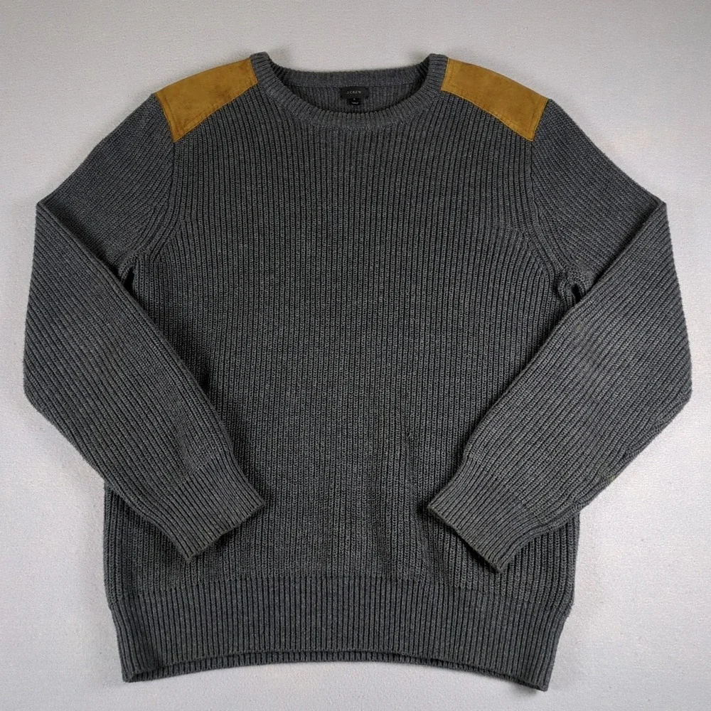 J Crew Woodsman Sweater Mens Large Gray Ribbed Suede Shoulder Patches Retail